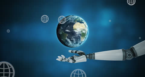 Robotic Arm Holding Earth with Digital Technology Integration