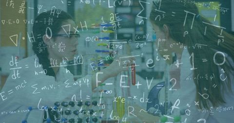 Schoolgirls learning science with mathematical overlays