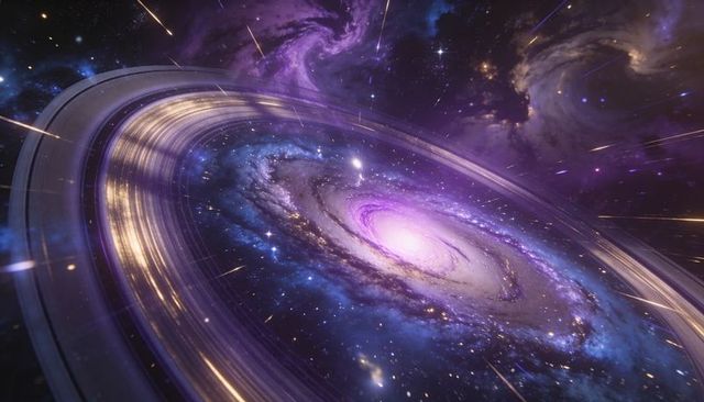 Spiral Galaxy with Radiant Purple Core and Golden Rings Spiraling Through Cosmic Nebula