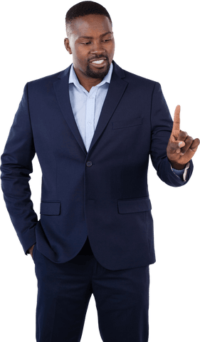 Confident businessman in suit transparent gesture pointing