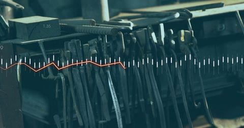 Industrial workshop tools rack with digital data overlay, hanging metal tools texture