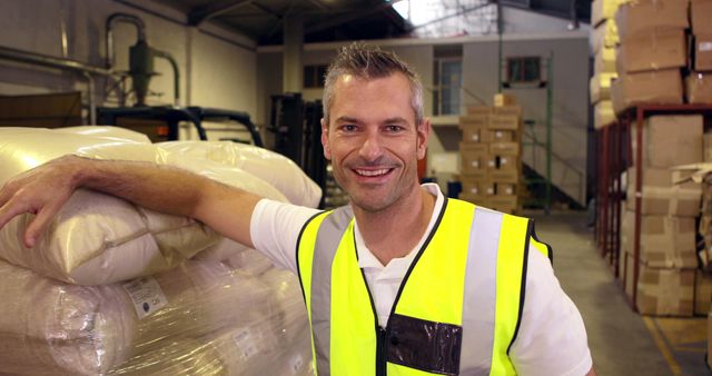 Warehouse worker wearing a safety vest standing in front of stacked sacks and smiling. Background features shelving, cardboard boxes, and industrial warehouse equipment. Ideal for illustrating themes around logistics, manual labor, warehousing operations, and workplace safety practices.