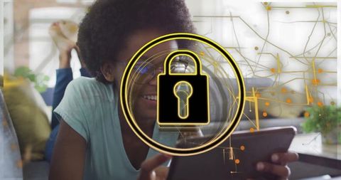 Teen Using Tablet with Digital Security Concept Overlay