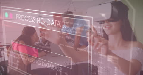 Woman Using Virtual Reality Interface for Data Processing in Office