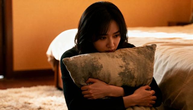 Adult woman hugging decorative pillow beside bed on plush rug in warm moody interior