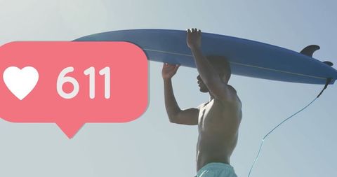 Surfer with Social Media Impact Icon on Beach