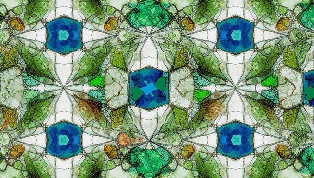 Abstract mosaic with hexagons and star motifs in vivid colors