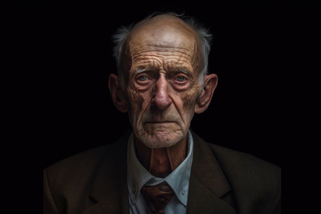 This image of an elderly man with deep wrinkles and a serious expression can be used to convey themes of aging, wisdom, and resilience. Ideal for articles about seniors, aging populations, and experiences of mature individuals. It is suitable for use in medical journal articles, gerontology publications, retirement planning content, and emotional storytelling. The dark background highlights the man's features, making it an impactful choice for focused narratives or cover images.