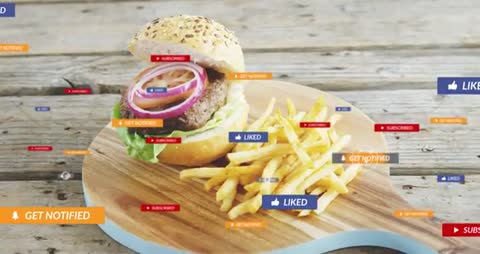 Burger and Fries Getting Social Engagement with Floating Like Subscribe Badges
