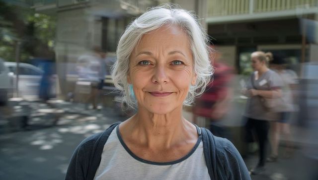 Senior woman making eye contact and smiling while standing on bustling urban sidewalk