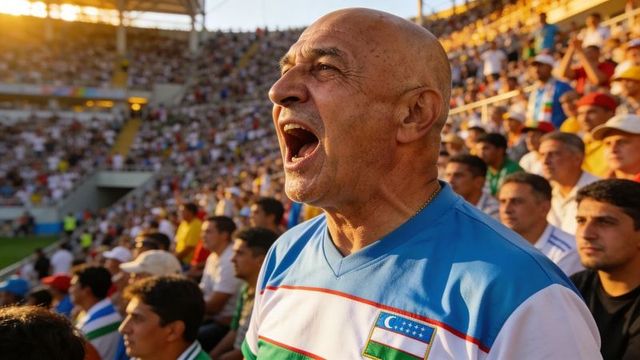 Passionate uzbek fan shouting in stadium wearing uzbekistan flag jersey at golden sunset