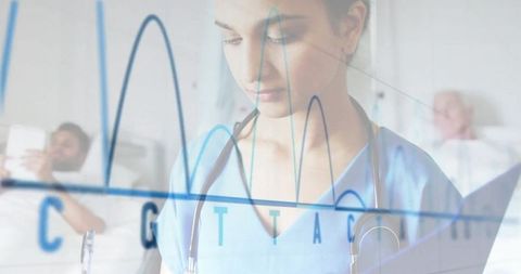 Nurse reviewing digital patient data with genomic waveform overlay in hospital ward