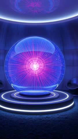Power Orb Charging on Pedestal Inside Futuristic Energy Chamber Vertical Video