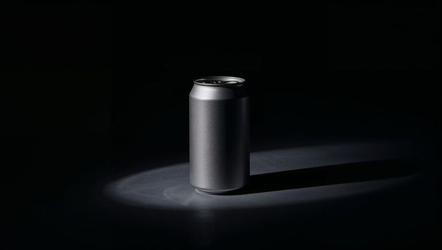 Minimalist metallic beverage can under spotlight