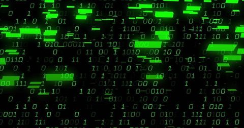 Emerald Binary Stream with Neon Glitch Bars and Futuristic Data Matrix
