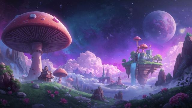 Majestic mushroom landscape at sunset with floating castle