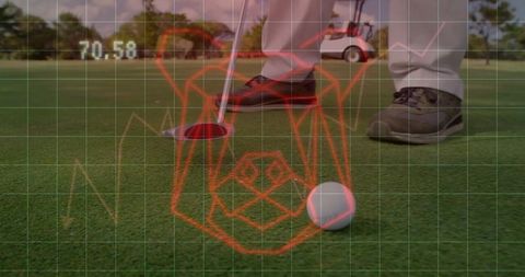 Golfer preparing precise putt on putting green grid overlay