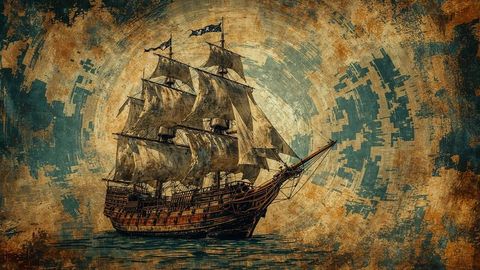 Illustrated sailing pirate ship on abstract golden teal background