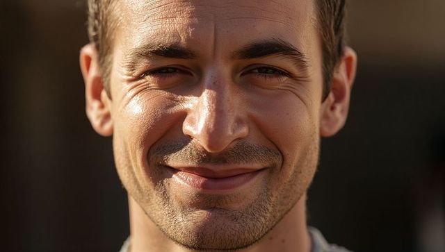 Smiling light-skinned man with trimmed stubble, sunlit close-up portrait, golden hour glow