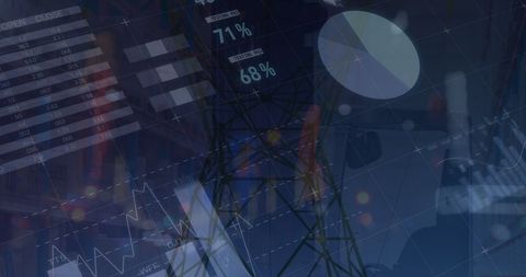 Financial graphs and power lines symbolizing energy economics