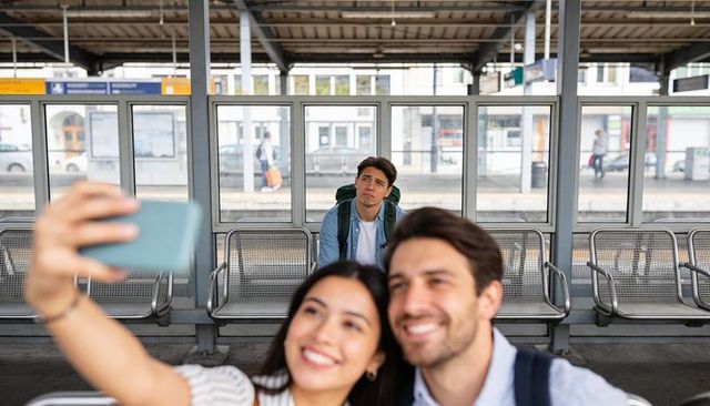 Smiling couple taking selfie on train platform while lone commuter waiting behind