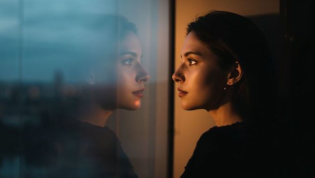 Woman gazing through window with reflective portrait and warm amber light at twilight