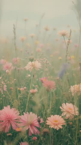 Vertical video misty meadow swaying pink-peach wildflowers and soft grasses