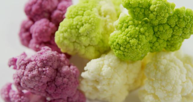 Photo showcasing close-up view of purple, green, and white cauliflower florets. This vibrant display of mixed cauliflower varieties highlights their fresh and healthy appeal, making it ideal for food blogs, cooking magazines, nutrition websites, and advertisements promoting healthy eating and colorful diets.