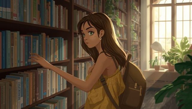 Teenage student browsing library books in sunlit aisle