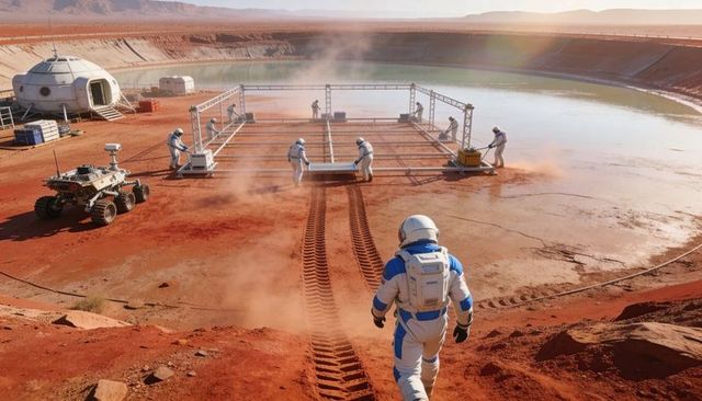 Assembling research platform in martian crater with astronauts, rover, habitats, solar array