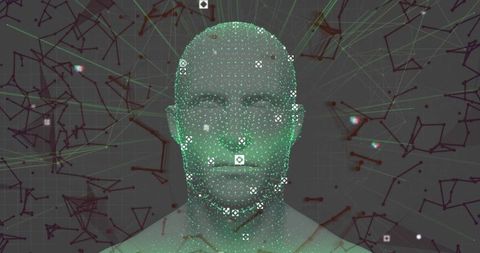 Futuristic Digital Head Mesh with Data Nodes and Network Lines