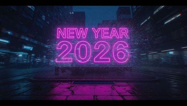 Neon New Year 2026 Sign on Rainy Cyberpunk Street with Magenta Cyan Reflections