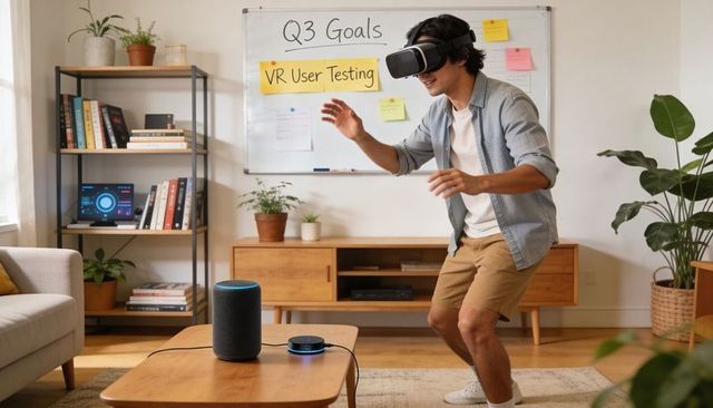 Young man testing vr headset at home with smart speaker whiteboard for usability research