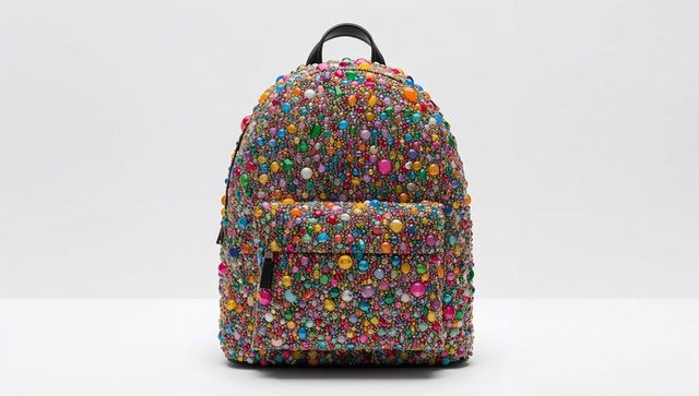 Bejeweled multicolor beaded backpack with pearl and rhinestone embellishments, front pocket