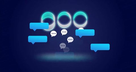 Futuristic neon chat bubbles with glowing digital circles