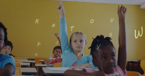 Diverse classroom students learning together eagerly raising hands