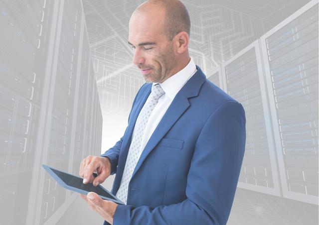 Businessman in a blue suit using a digital tablet in a modern server room. Ideal for illustrating concepts related to technology, data management, IT professionals, and digital transformation in corporate environments. Useful for websites, presentations, and marketing materials focused on tech industry and business solutions.