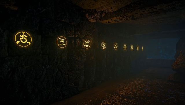 Glowing amber glyphs lining damp underground tunnel leading into mysterious rock passage