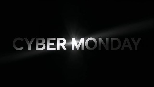 Cyber Monday Chrome Typography Banner with Lens Flare and Metallic Gradient Header