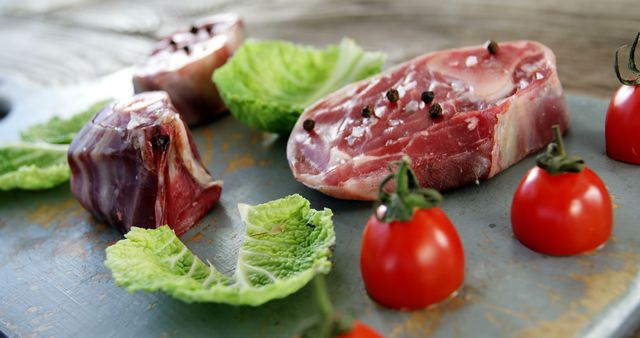 Raw steak and vegetables are arranged on a rustic wooden table, with copy space - Download Free Stock Photos Pikwizard.com