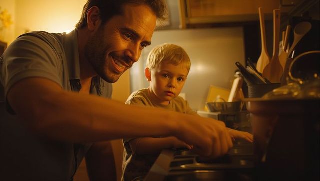 Father teaching son cooking on stovetop warm kitchen evening bonding moment