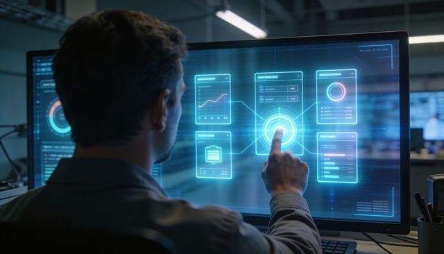 Engineer Interacting with Futuristic Data Dashboard on Widescreen Touchscreen Monitor