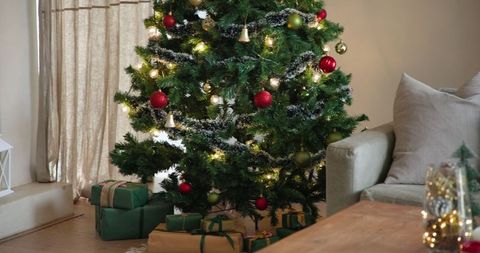 Cozy festive living room with illuminated christmas tree