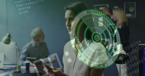 Female Leader Presenting Tablet with Futuristic Green HUD in Modern Tech Office