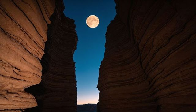 Full moon framing narrow sandstone canyon gap at twilight over desert mesa