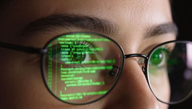 Female programmer wearing round glasses reflecting green code on screen closeup eyes