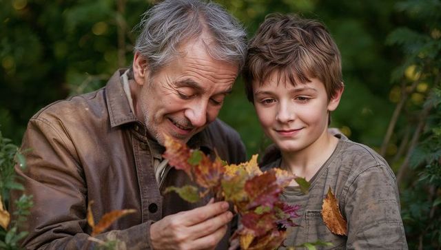 Grandfather showing grandson colorful fall leaves while exploring backyard garden together