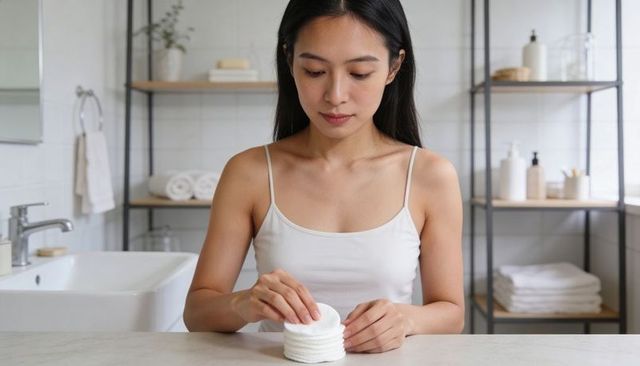 Asian woman preparing skincare with cotton pads in minimalist bathroom, serene self-care