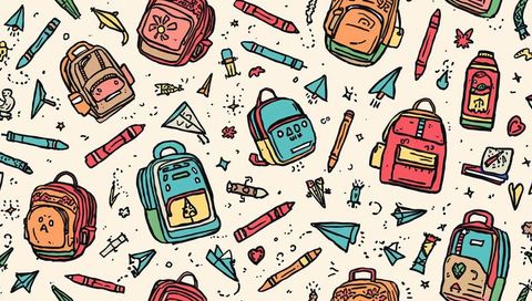 Colorful cartoon pattern with backpacks and school supplies