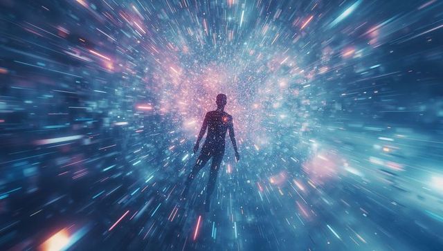 Serene person navigating cosmic space in numinous light